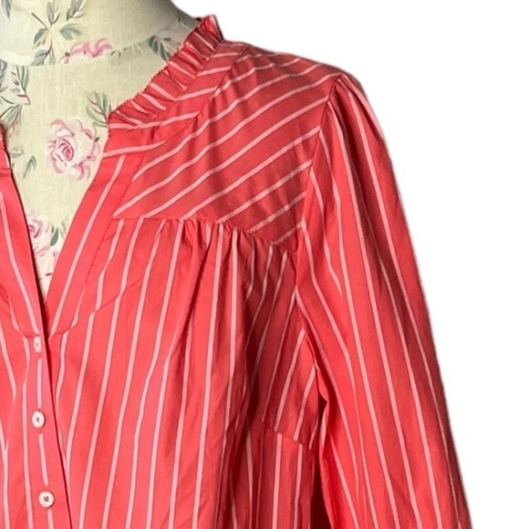 Talbots 100% cotton, coral & white pinstriped button-down ruffle trim shirt Sz L - Picture 9 of 15